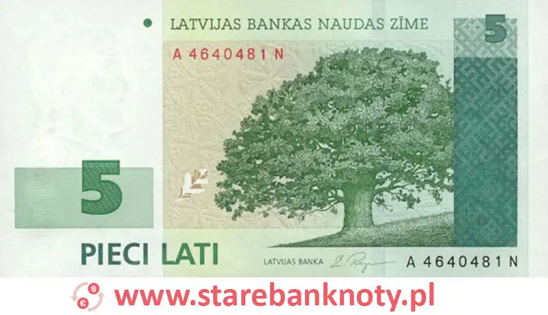 widok banknotu 5 łatów łotewskich awers