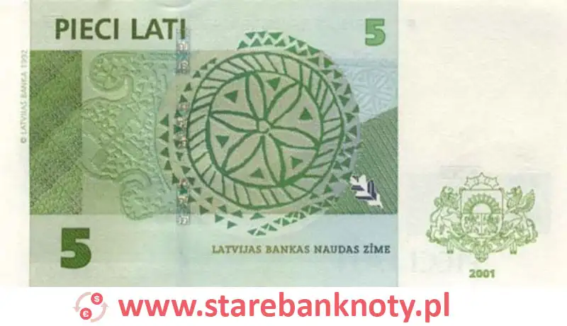 widok banknotu 5 łatów łotewskich rewers