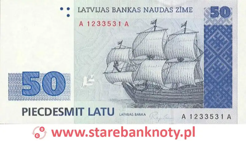 widok banknotu 50 łatów łotewskich awers
