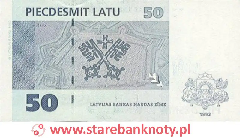 widok banknotu 50 łatów łotewskich rewers