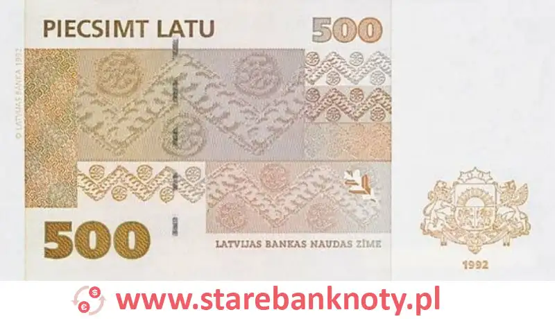 widok banknotu 500 łatów łotewskich rewers