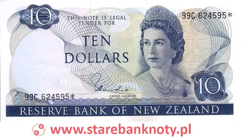 widok banknotu <b> 10 dolarów nowozelandzkich awers</b><br/>
