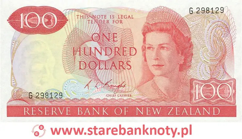 widok banknotu <b> 100 dolarów nowozelandzkich awers</b><br/>

