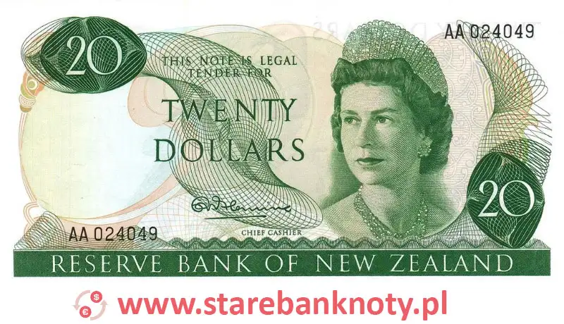 widok banknotu <b> 20 dolarów nowozelandzkich awers</b><br/>
