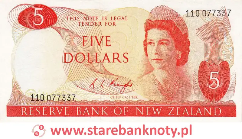 widok banknotu <b>5 dolarów nowozelandzkich awers</b><br/>
