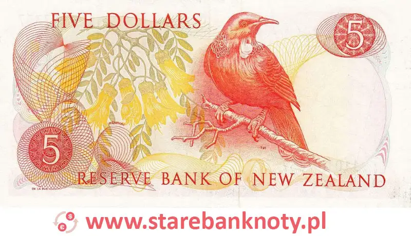 widok banknotu <b> 5 dolarów nowozelandzkich rewers</b><br/>