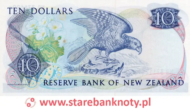 widok banknotu <b> 10 dolarów nowozelandzkich rewers</b><br/>