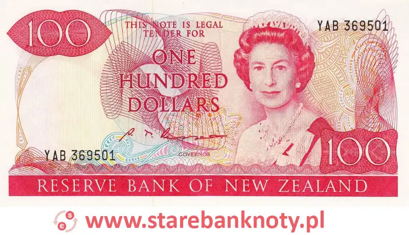 widok banknotu <b> 100 dolarów nowozelandzkich awers</b><br/>
