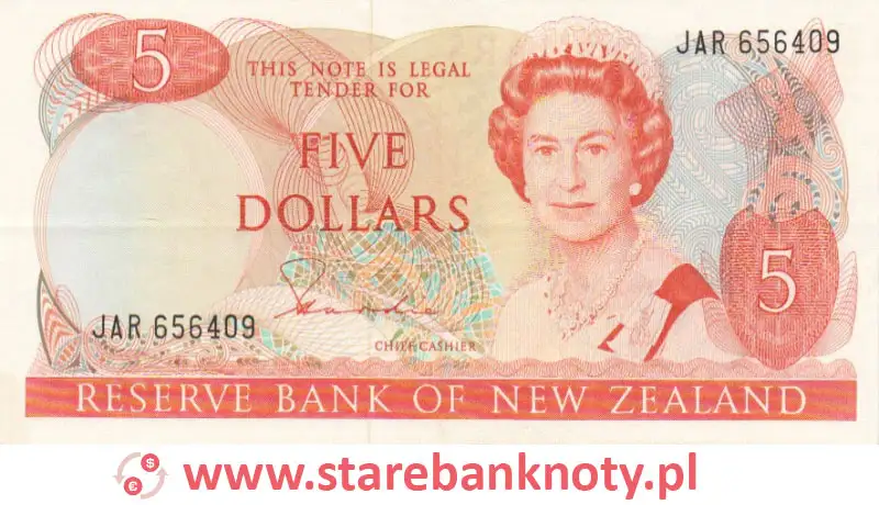 widok banknotu <b> 5 dolarów nowozelandzkich awers</b><br/>
