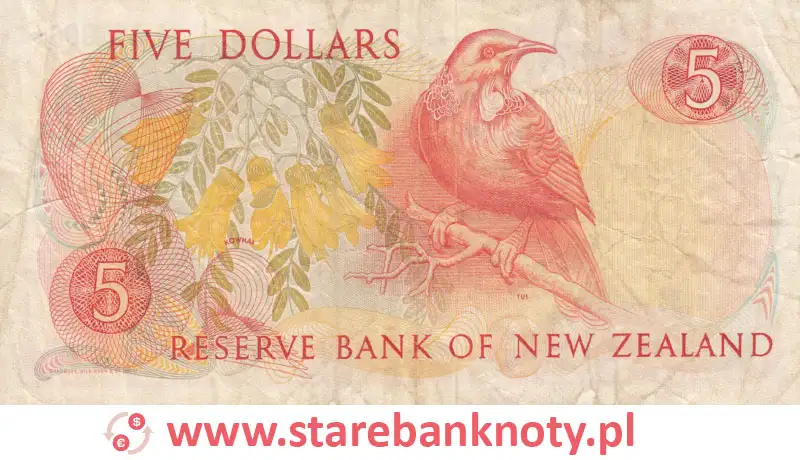 widok banknotu <b> 5 dolarów nowozelandzkich rewers</b><br/>