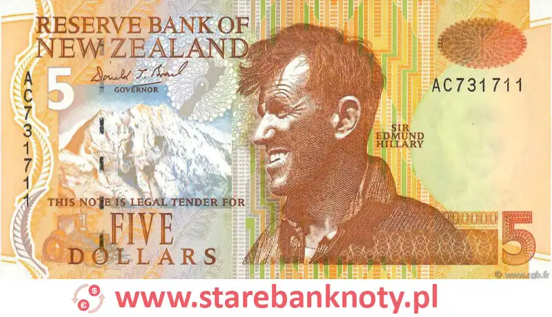 widok banknotu <b> 5 dolarów nowozelandzkich awers</b><br/>
