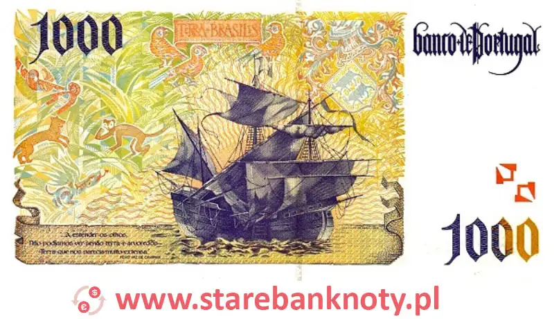 widok banknotu 1000 escudo portugalskie rewers