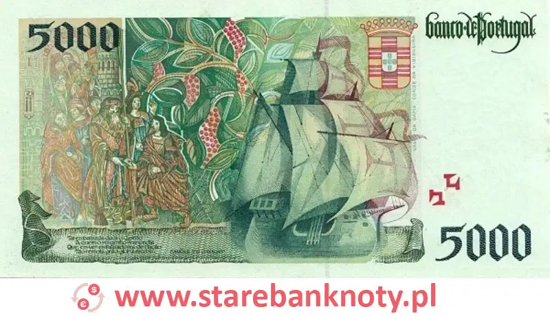 widok banknotu 5000 escudo portugalskie rewers