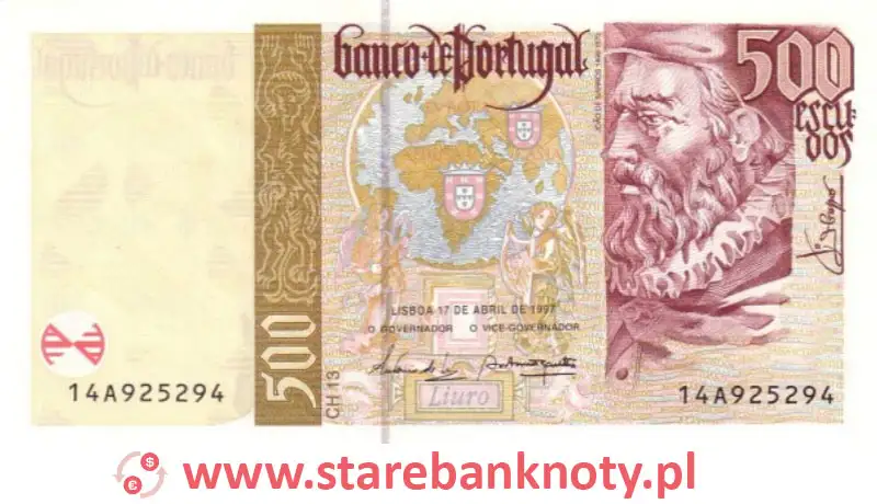 widok banknotu 500 escudo portugalskie awers
