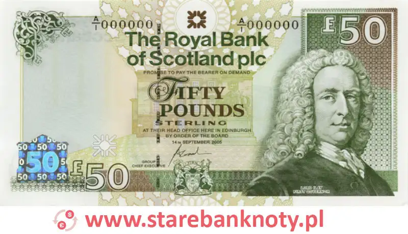 widok banknotu 50 funtów szkockich awers seria : Ilay