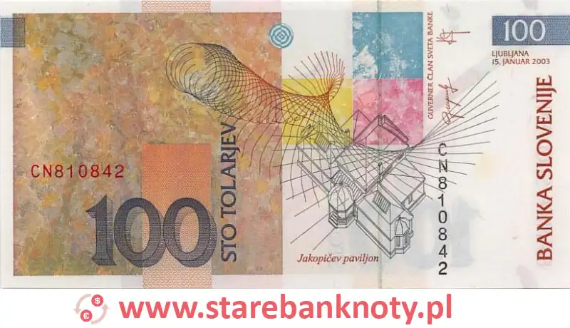 widok banknotu 100 tolarów słoweńskich rewers