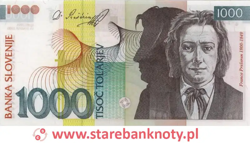 widok banknotu 1000 tolarów słoweńskich awers
