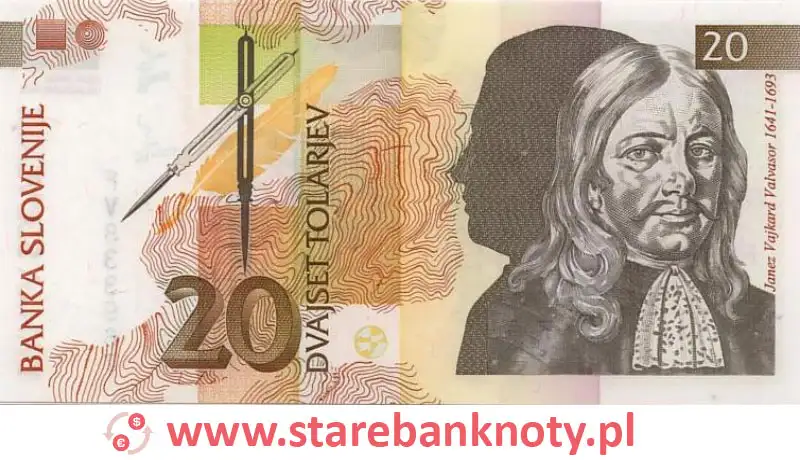 widok banknotu 20 tolarów słoweńskich awers
