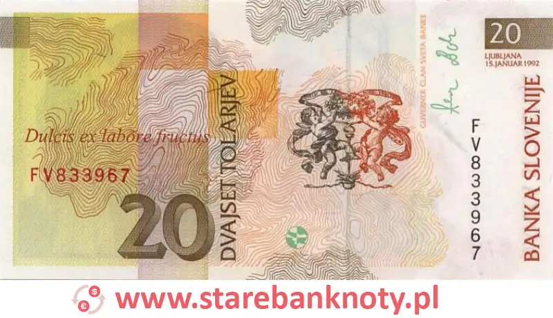widok banknotu 20 tolarów słoweńskich rewers