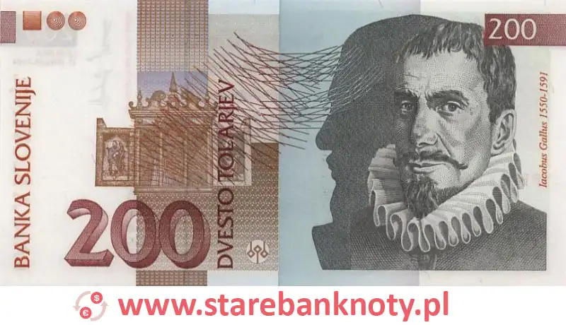 widok banknotu 200 tolarów słoweńskich awers
