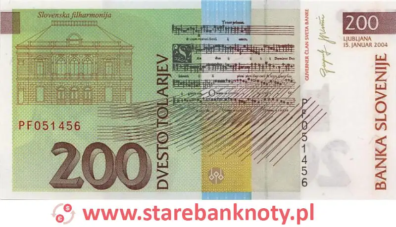 widok banknotu 200 tolarów słoweńskich rewers