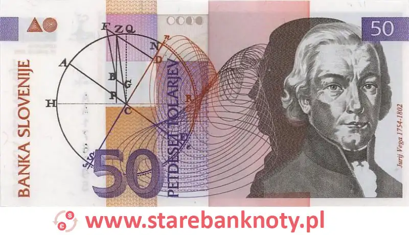 widok banknotu 50 tolarów słoweńskich awers
