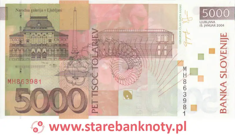 widok banknotu 5000 tolarów słoweńskich rewers